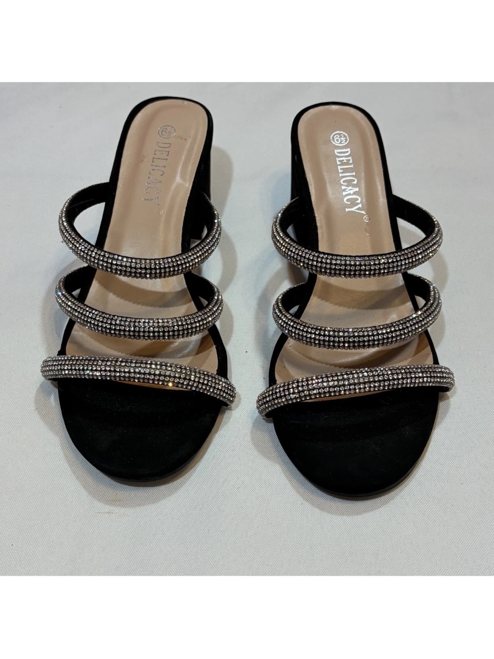 Delicacy Black Triple-Strap Crystal Slide Mules